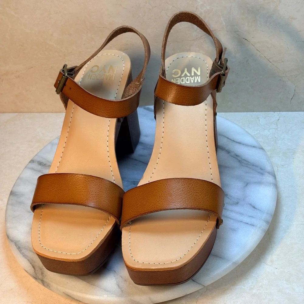 Madden NYC Lifft‎ Platform Block Heel Sandals Tan Leather Buckle Ankle Strap 9
